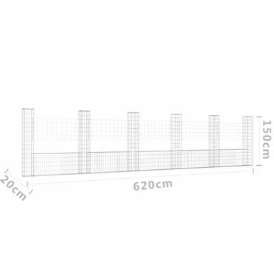 VidaXL Panier de gabion en forme de U avec 6 poteaux Fer 620x20x150 cm – Image 6
